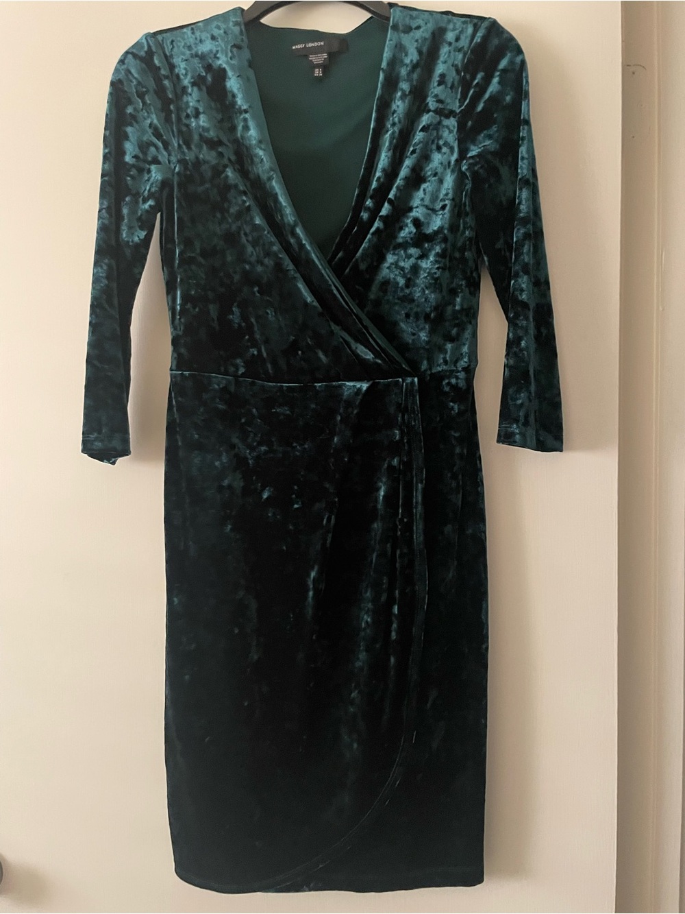 Maggy London Teal Crushed-Velvet Faux-Wrap Midi Dress